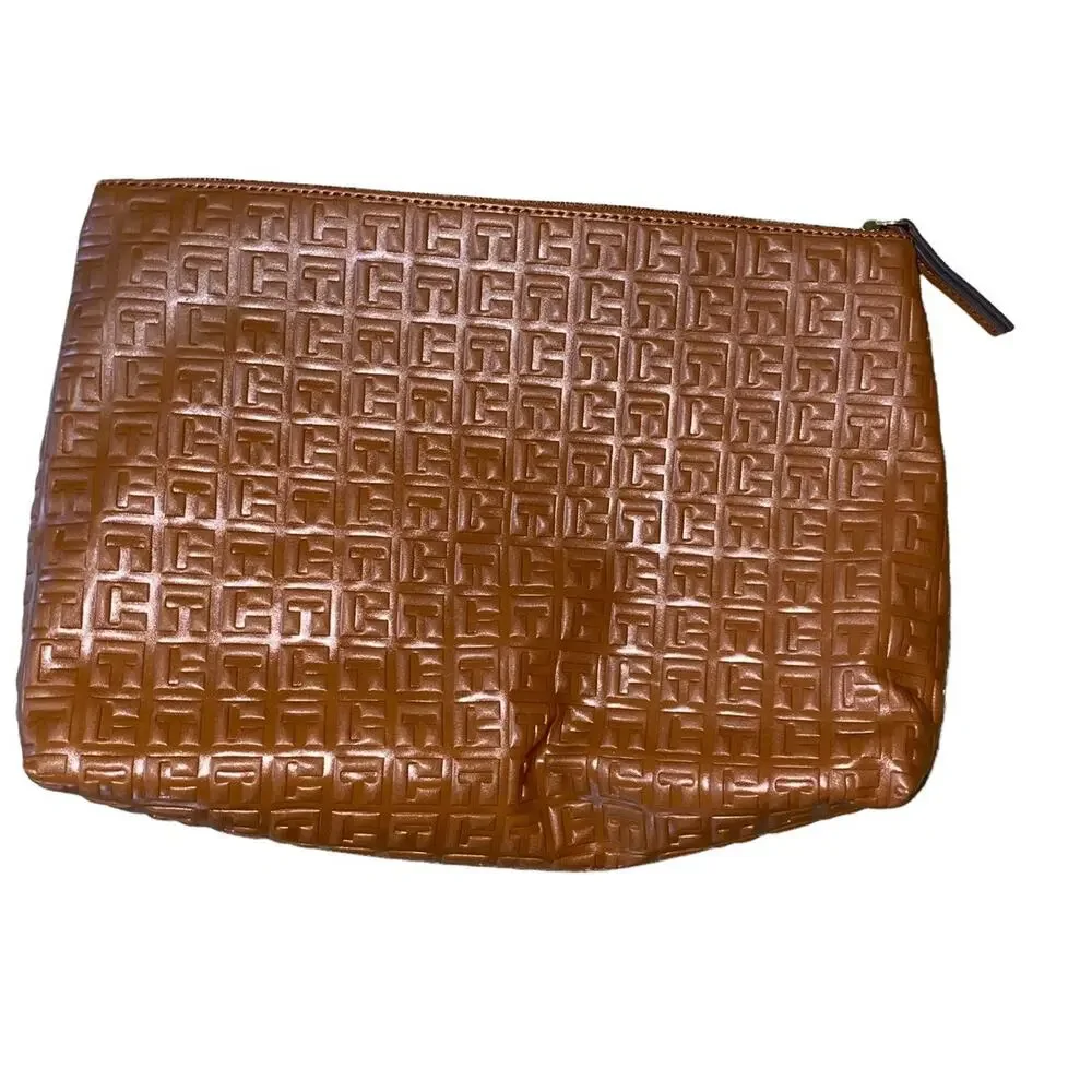 Tommy Hilfiger Faux Leather TH Embossed Brown Gold Accent Zipped Pouch Bag 13